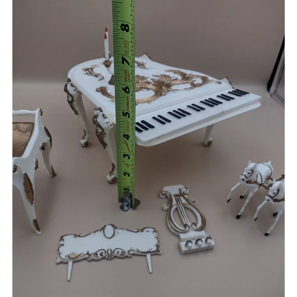 Vintage 1970s White & Gold Grand Piano Cake Decorating Set Candleholder Horses